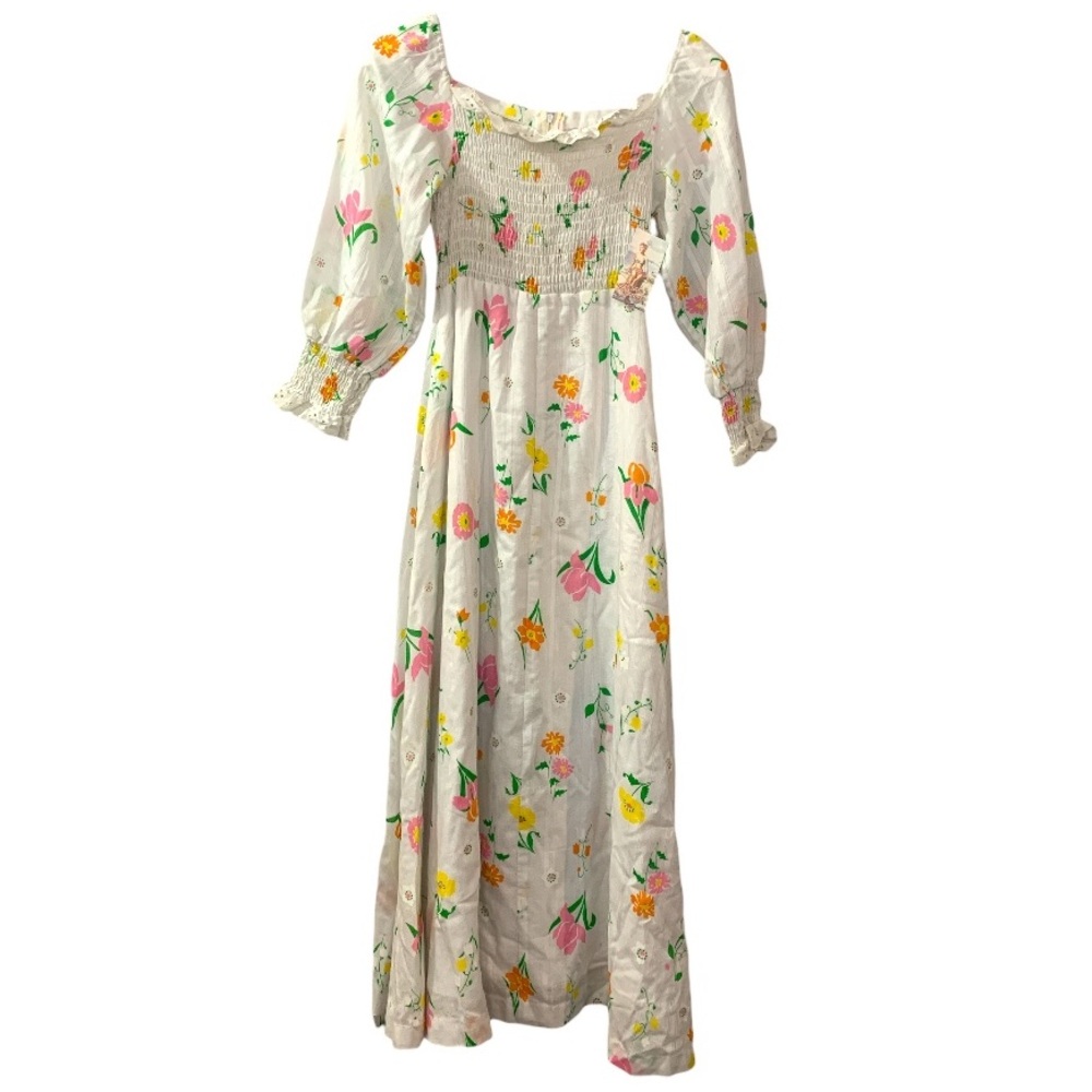 Vintage Sabina Frocks Floral Midi Dress White 12  Colorful Romantic Cottagecore